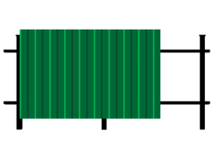 Забор вертикальный из цветного профлиста на 2 лагах 40*20, столбы 60*60 – бетонируются